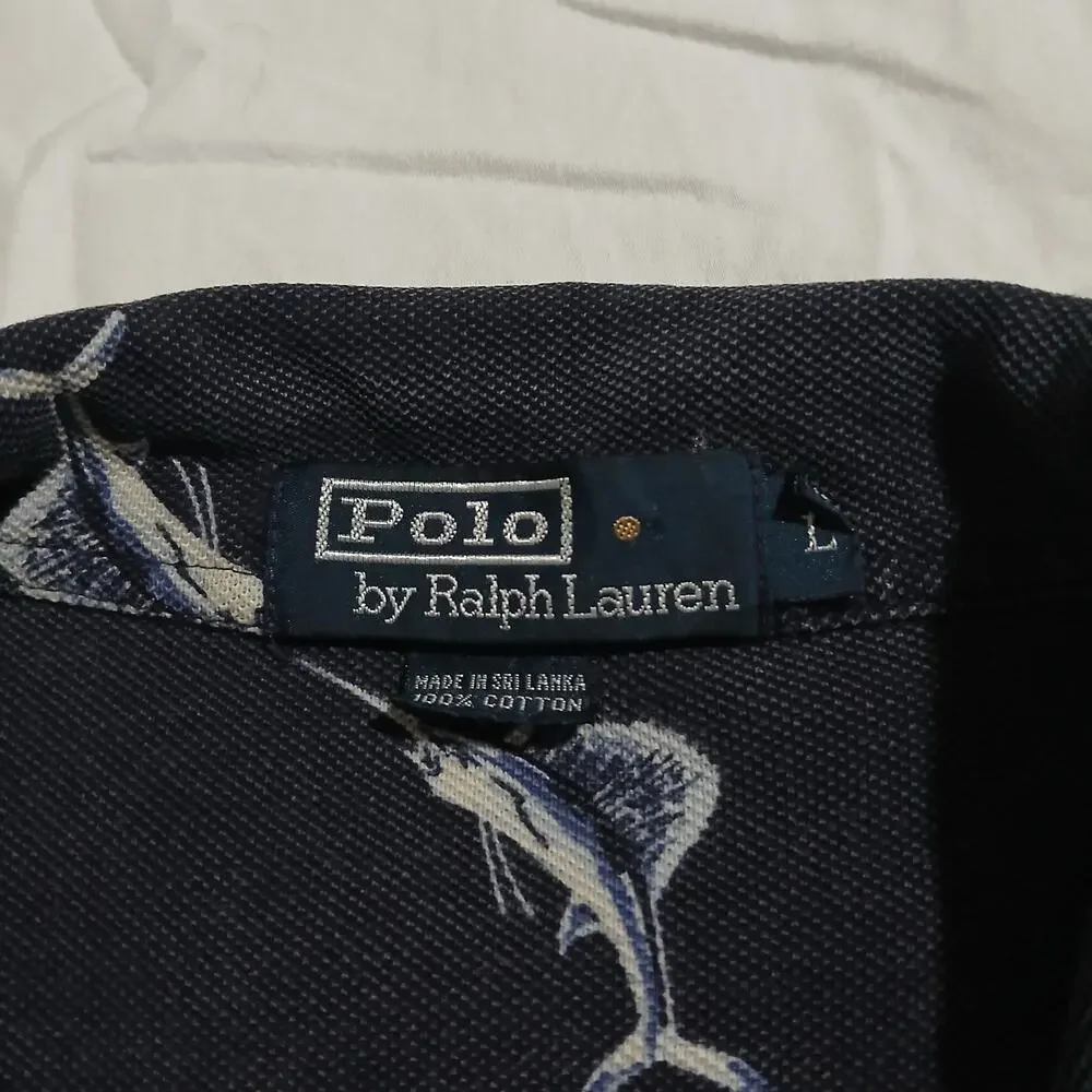 VTG POLO by Ralph Lauren large Navy Blue 100% cotton SAILFISH polo short-sleeved